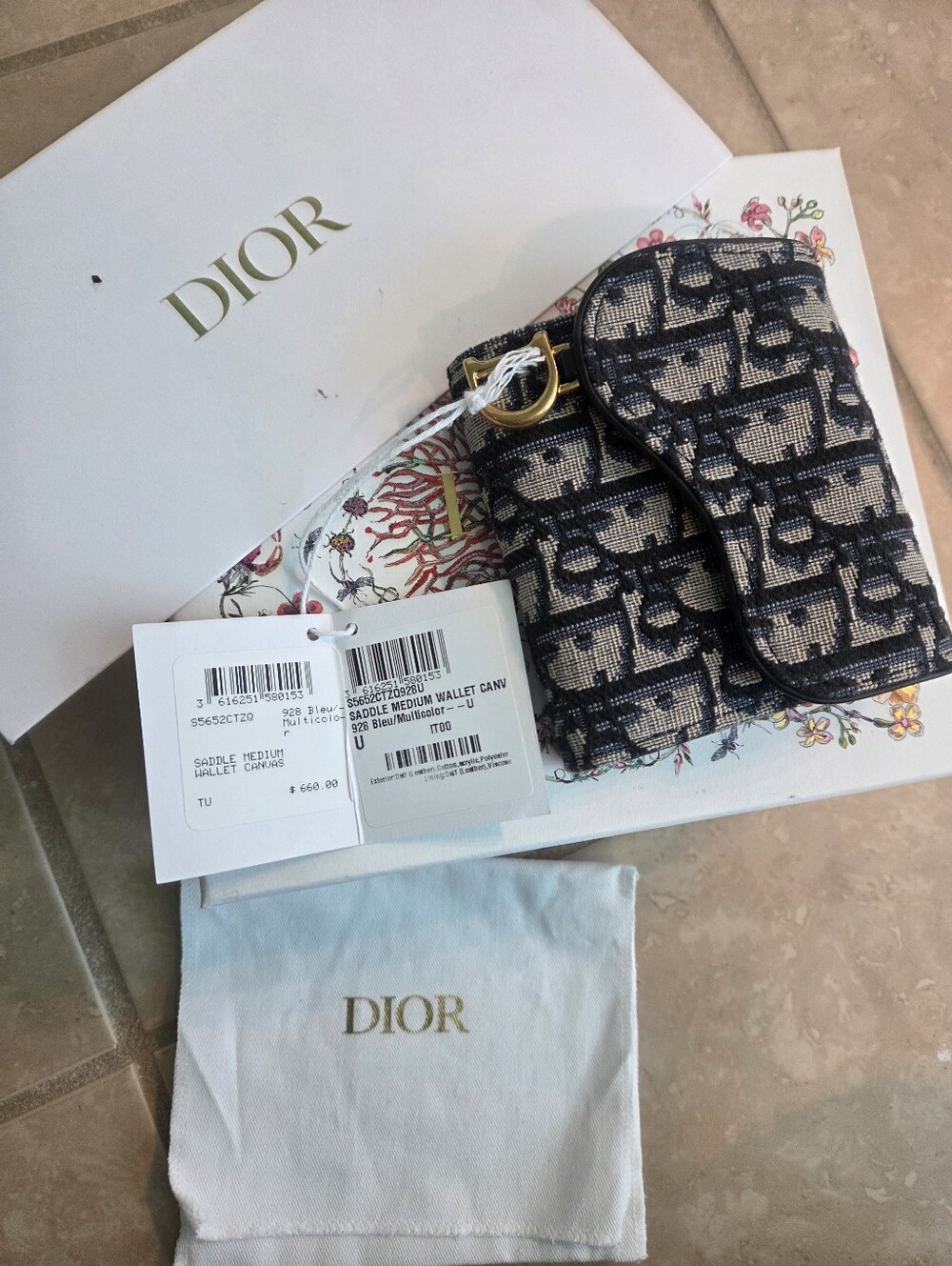 Authentic Christian Dior Saddle Lotus Wallet in the iconic Navy & Beige Oblique